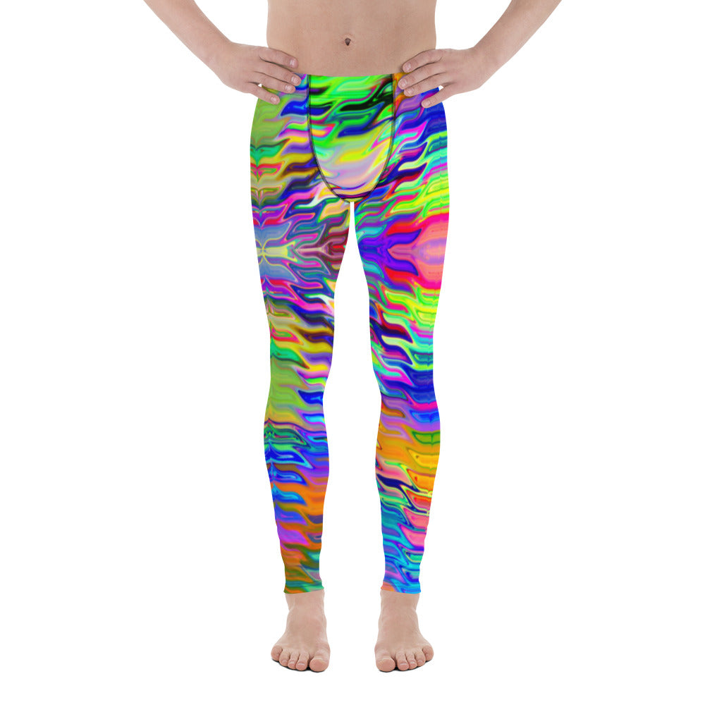 Men's all-over print leggings with white background, left-side view.