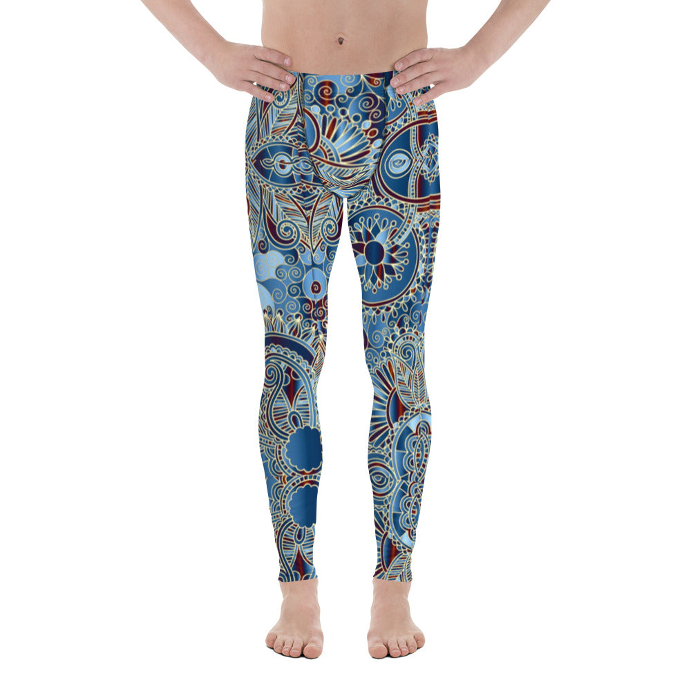 Men's all-over print leggings with white background, right-side view.