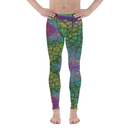 Men's all-over print leggings with white background, left-side view.