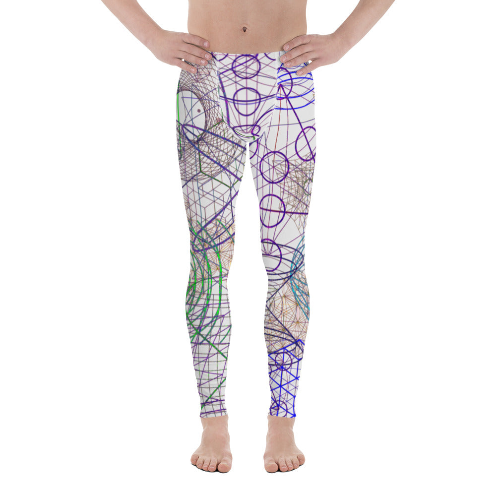 Men's all-over print leggings with white background, left-side view.