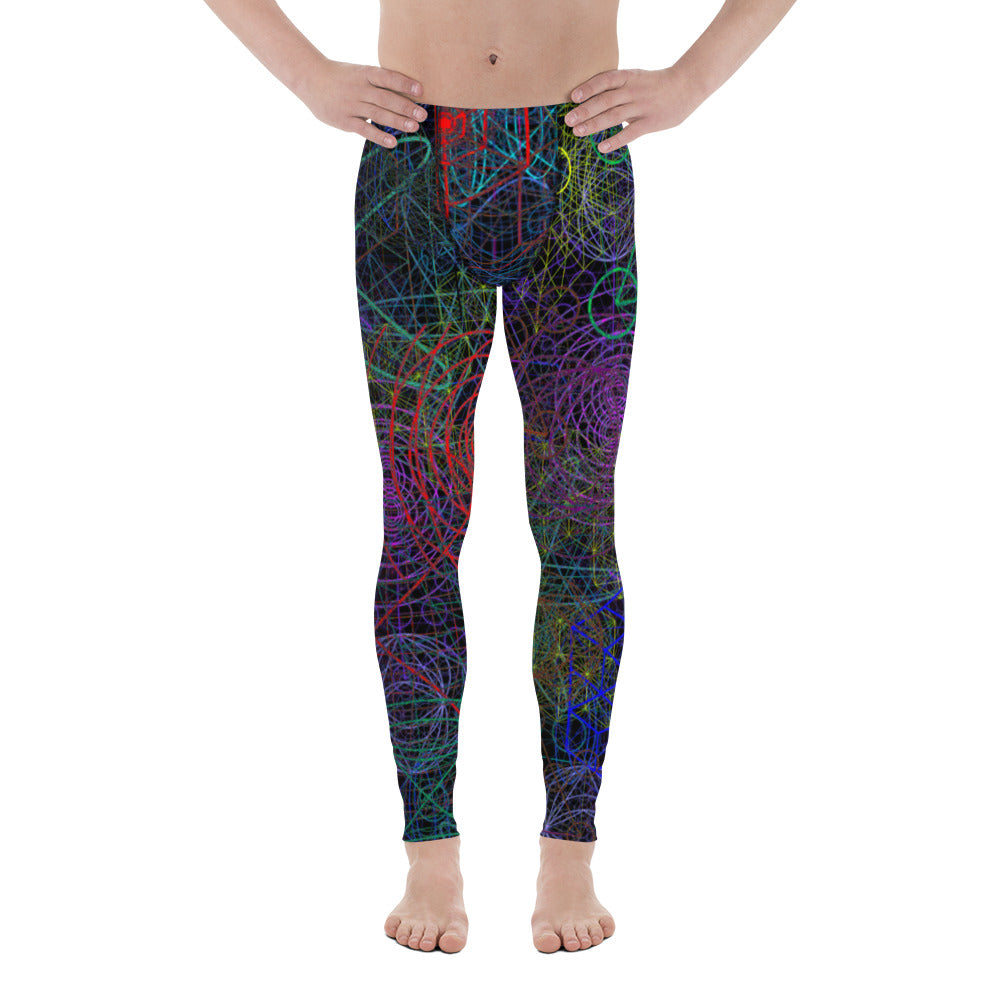 Men's all-over print leggings with white background, left-side view.