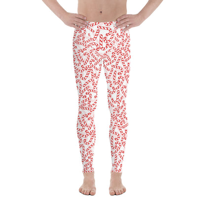 Men's all-over print leggings with white background, left-side view.