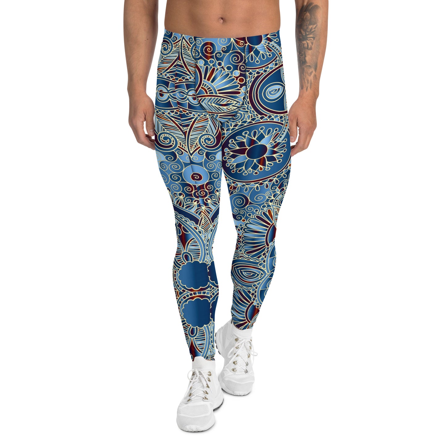 Men's all-over print leggings with white background, left-side view.