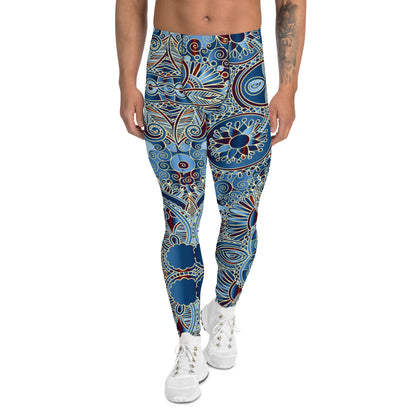 Men's all-over print leggings with white background, left-side view.