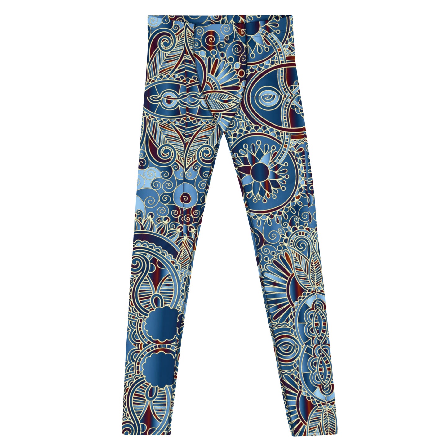 Men's all-over print leggings with white background, full-front view.