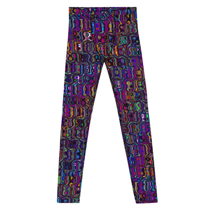 Men's all-over print leggings with white background, right-side view alternate angle.