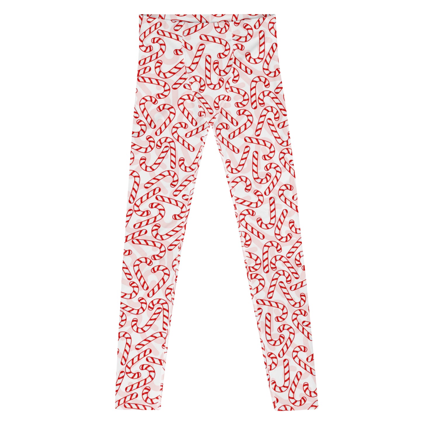 Men's all-over print leggings with white background, full-front view.