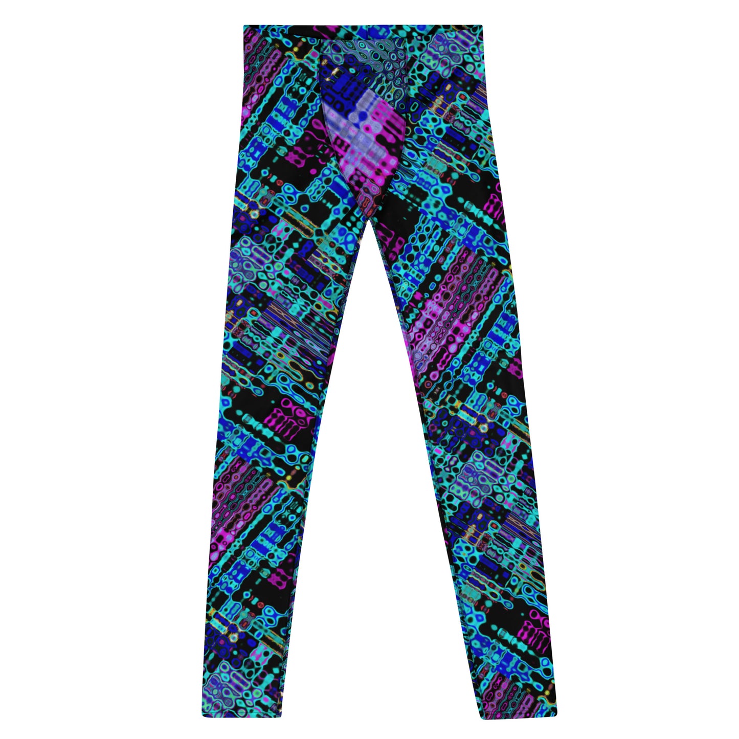 Men's all-over print leggings with white background, right-side view alternate angle.