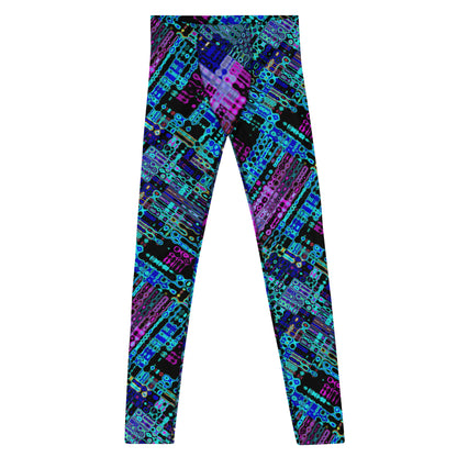 Men's all-over print leggings with white background, right-side view alternate angle.