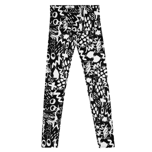 Men's all-over print leggings with white background, full-front view.