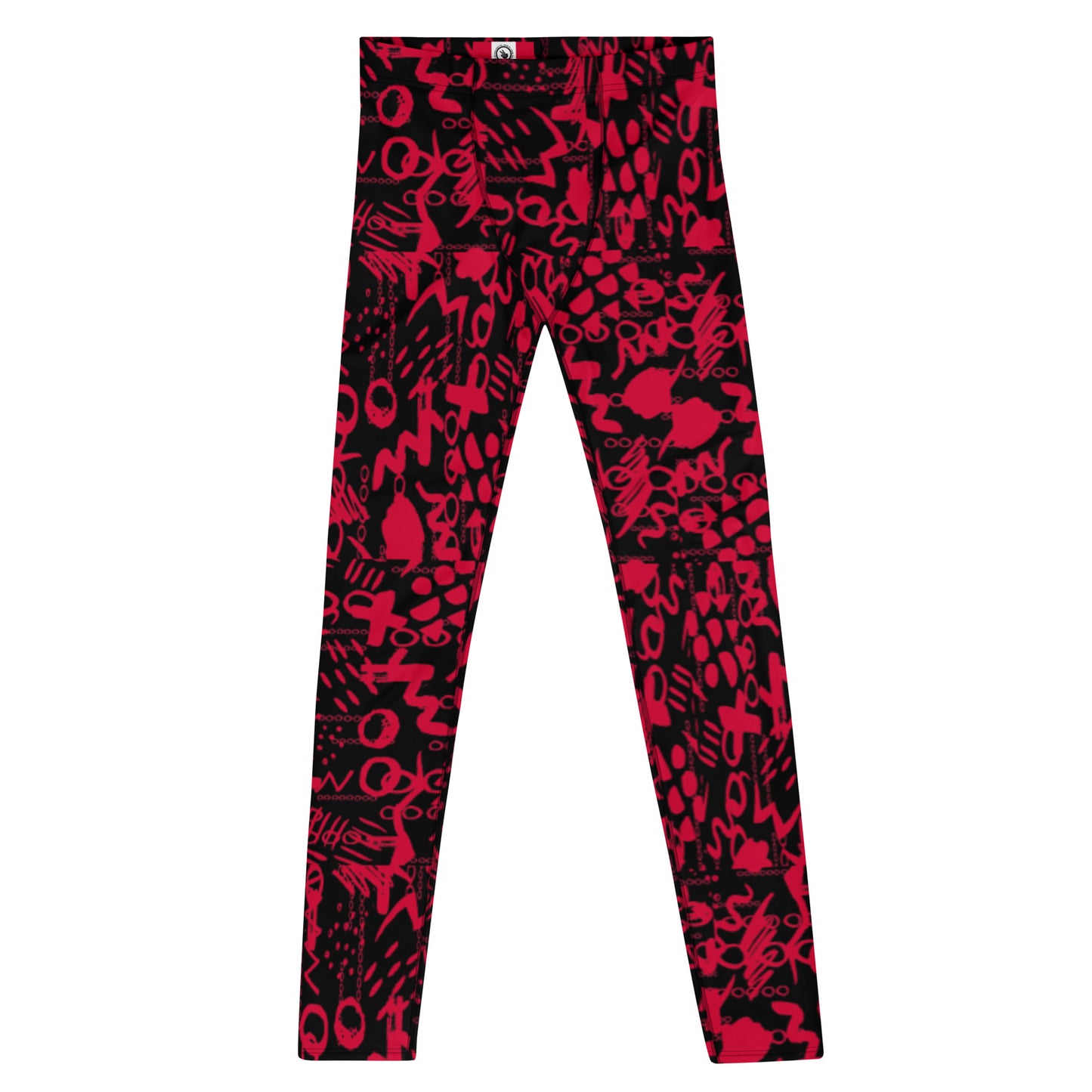 Men's all-over print leggings with white background, full-front view.