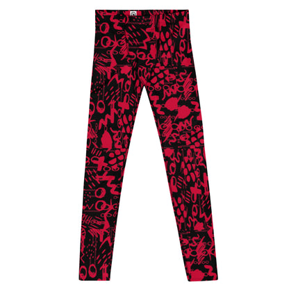 Men's all-over print leggings with white background, full-front view.