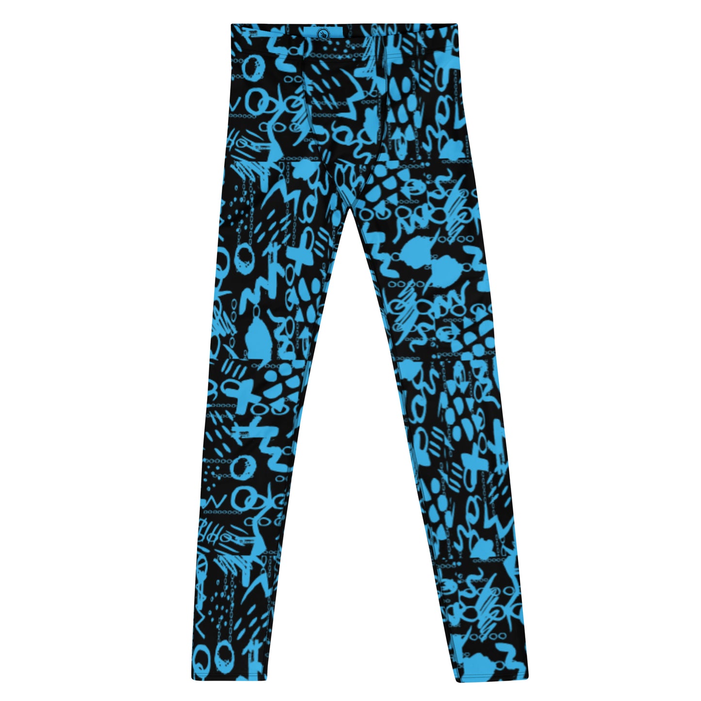 Men's all-over print leggings with white background, full-front view.