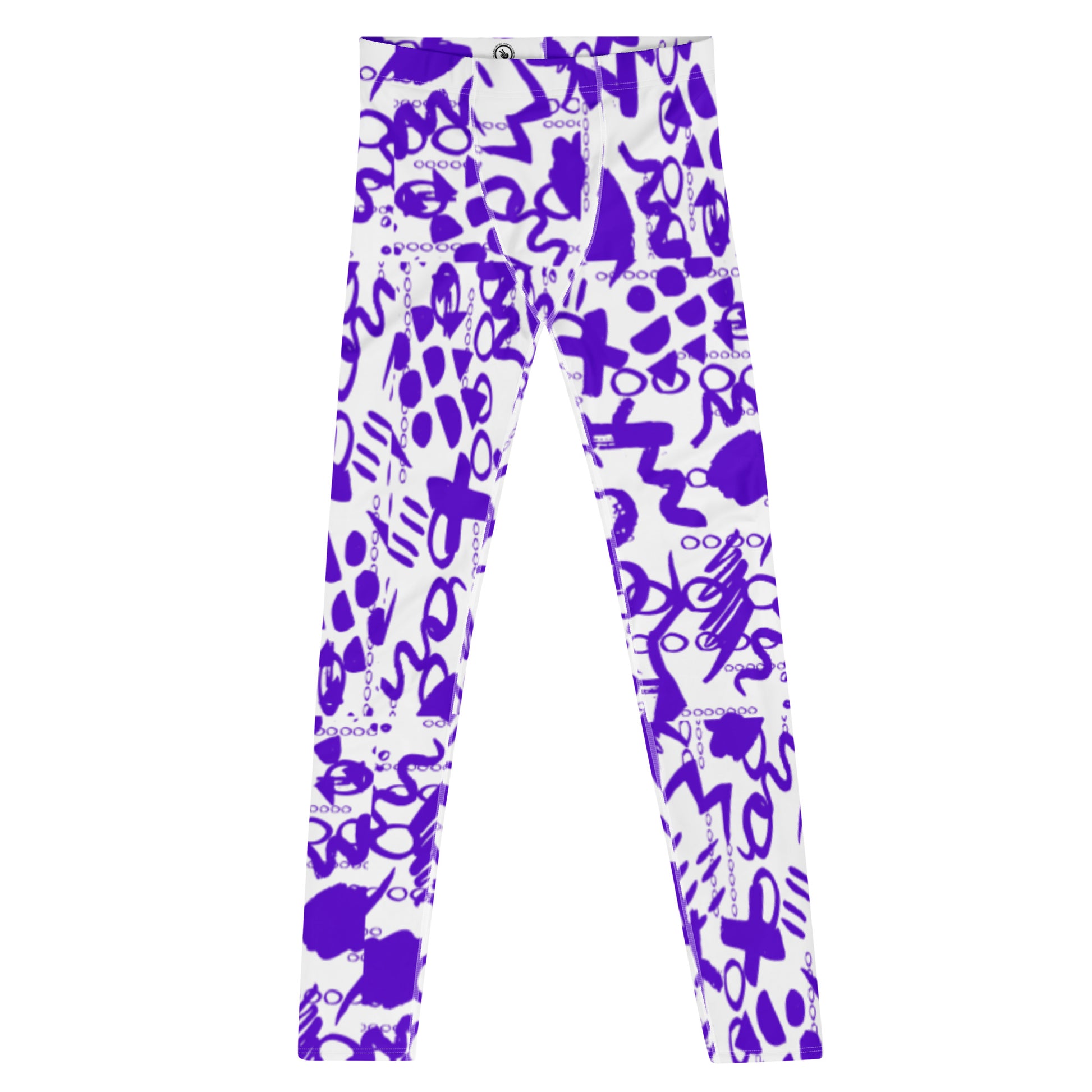 Men's all-over print leggings with white background, full-front view.