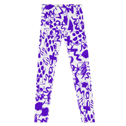 Men's all-over print leggings with white background, full-front view.