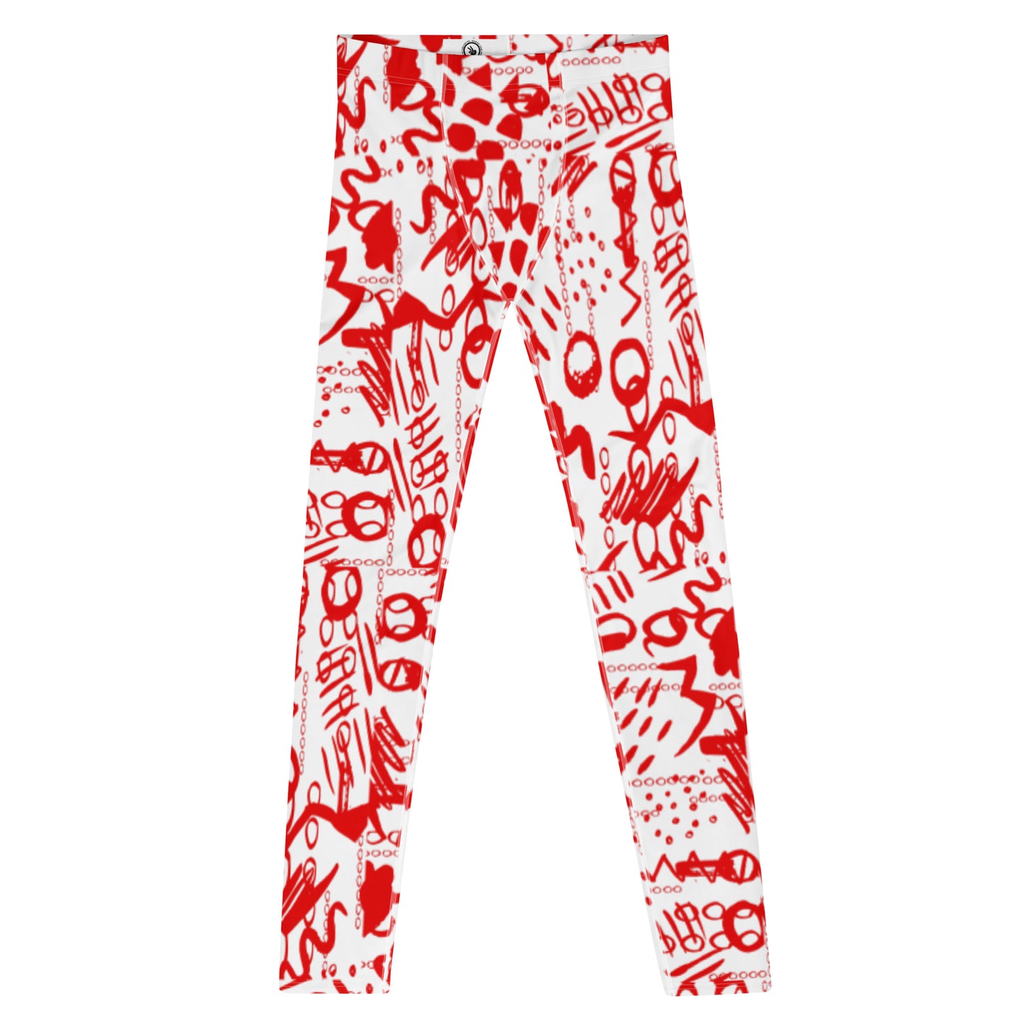 Men's all-over print leggings with white background, full-front view.