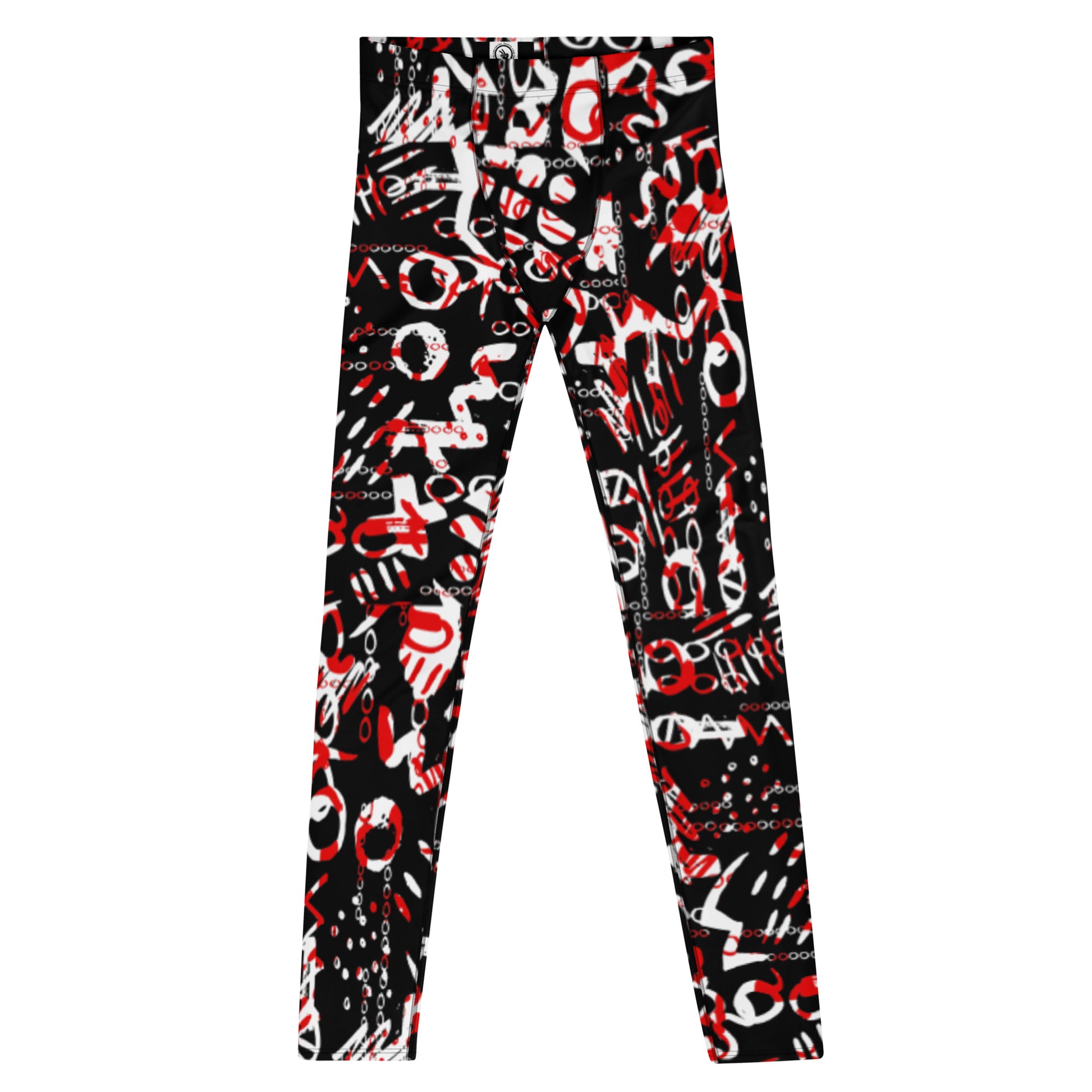 Men's all-over print leggings with white background, full-front view.