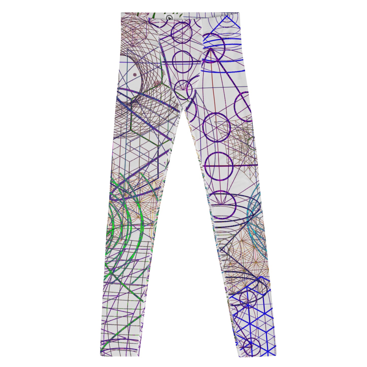 Men's all-over print leggings with white background, full-front view.