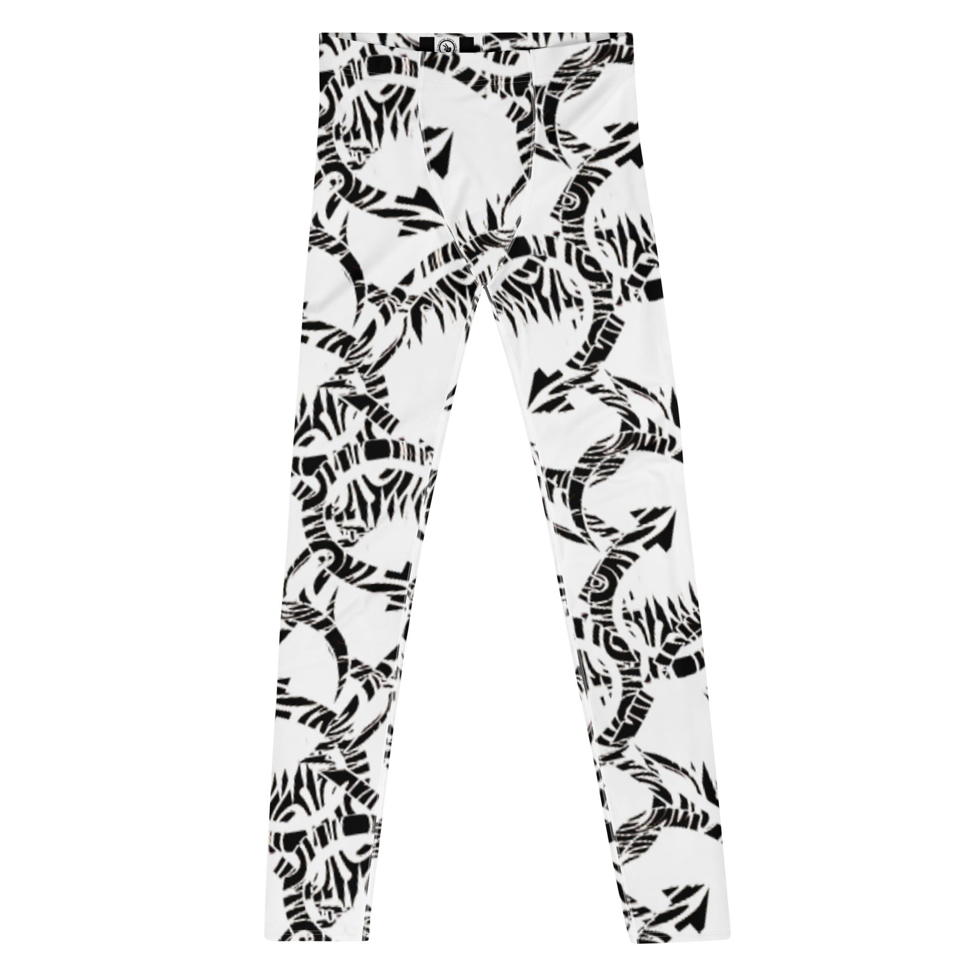 Men's all-over print leggings with white background, full-front view.