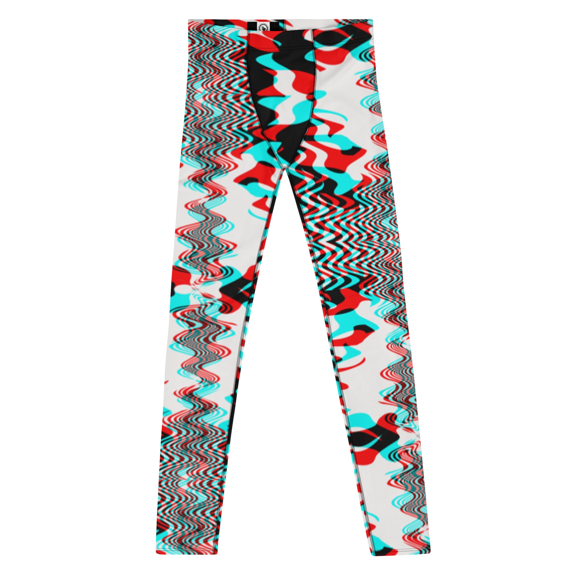 Men's all-over print leggings with white background, full-front view.