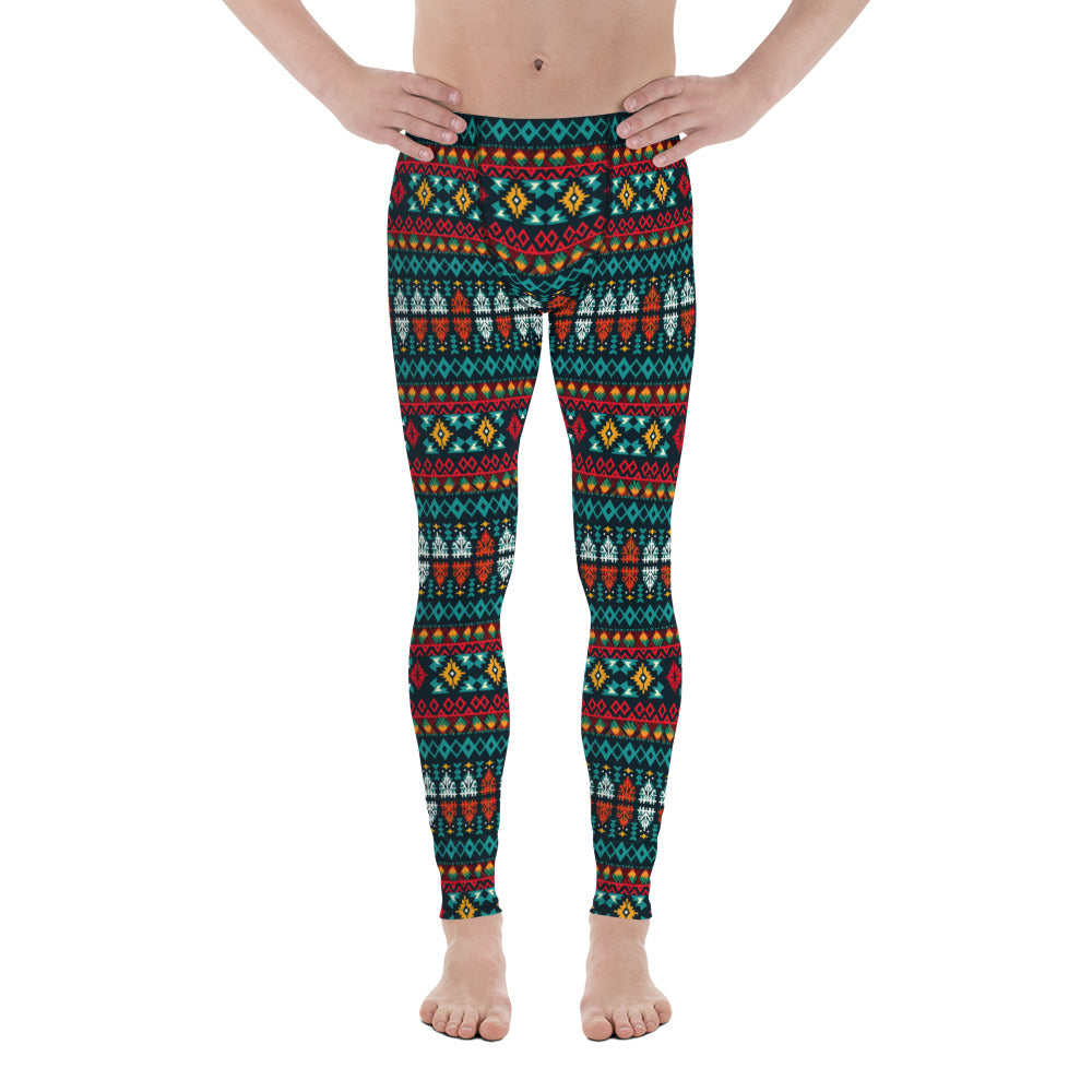 Men's all-over print leggings with white background, full-front view alternate angle.