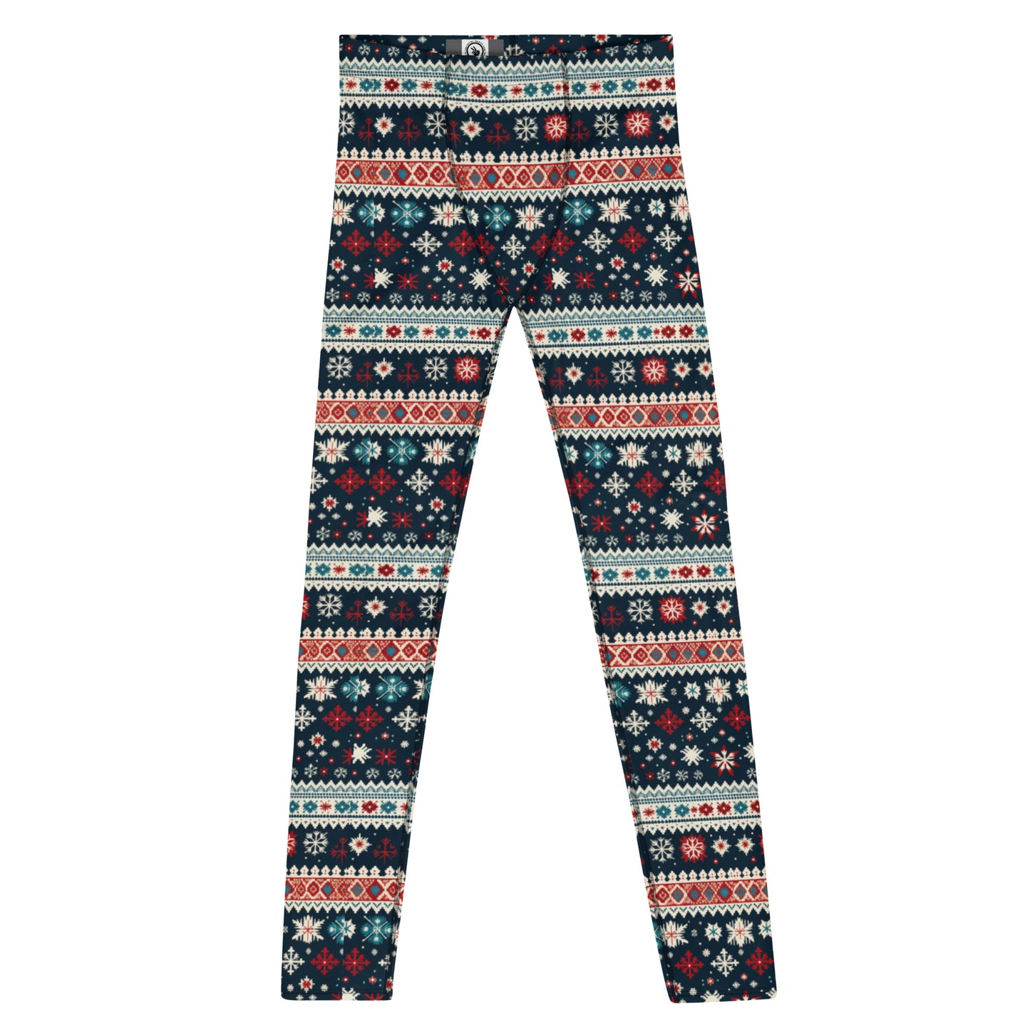 Men's all-over print leggings with white background, full-front view.