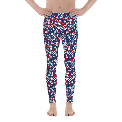 Men's all-over print leggings with white background, left-side view.