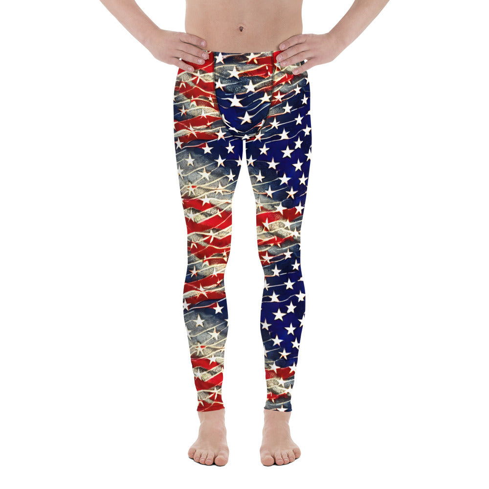 Men's all-over print leggings with white background, left-side view.