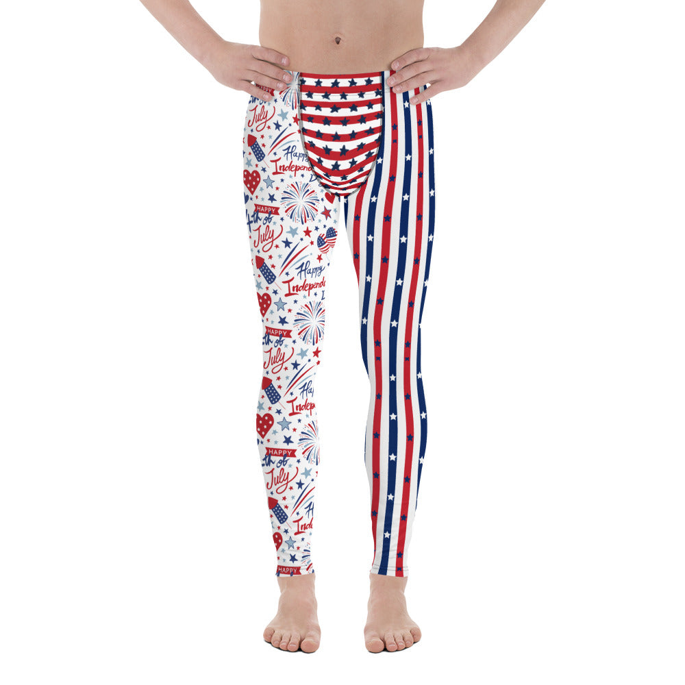 Men's all-over print leggings with white background, left-side view.