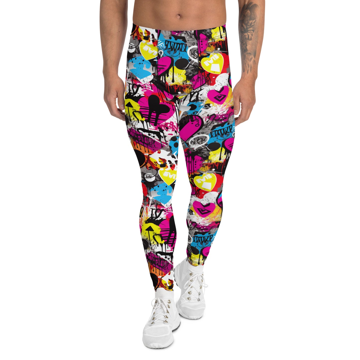 Men's all-over print leggings with white background, full-back view.