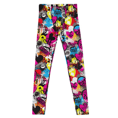 Men's all-over print leggings with white background, full-front view.