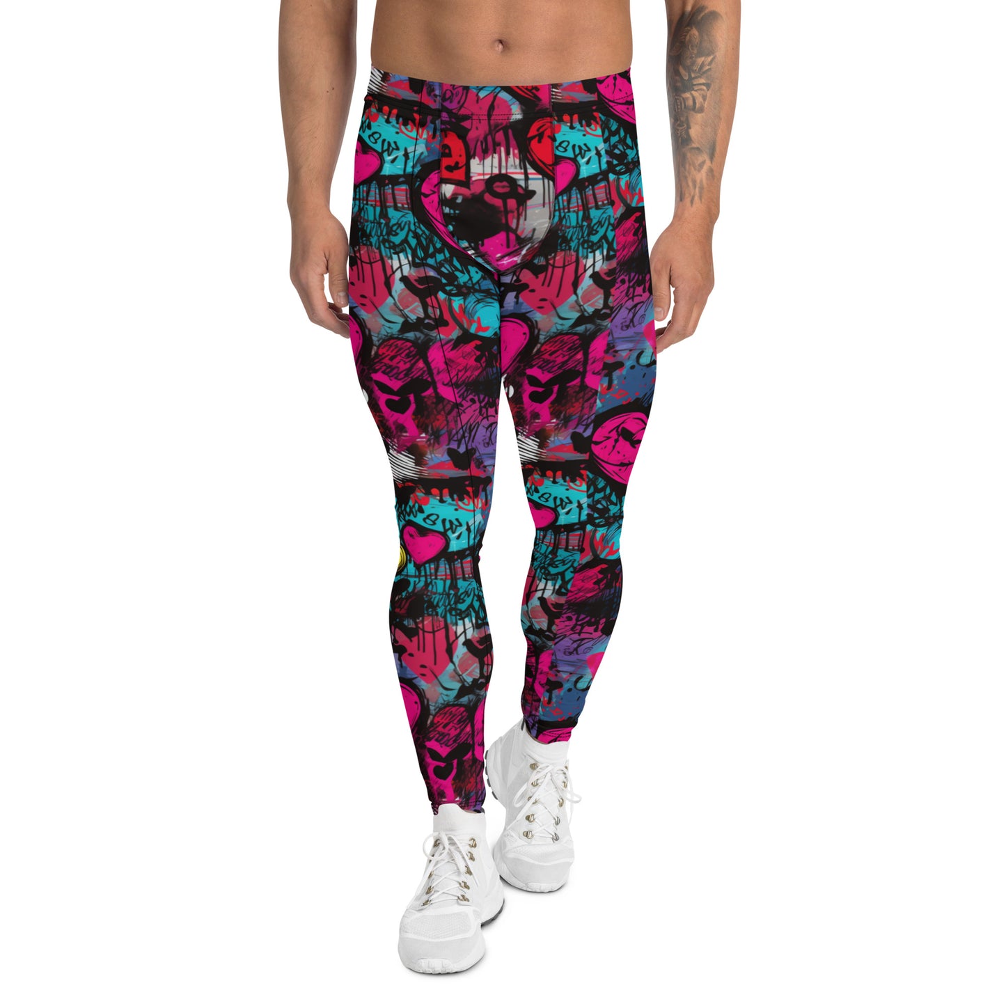 Men's Dance Leggings, Red Graffiti Hearts, Bold Print, Urban Art Explosion, Street Style, High-Performance Activewear