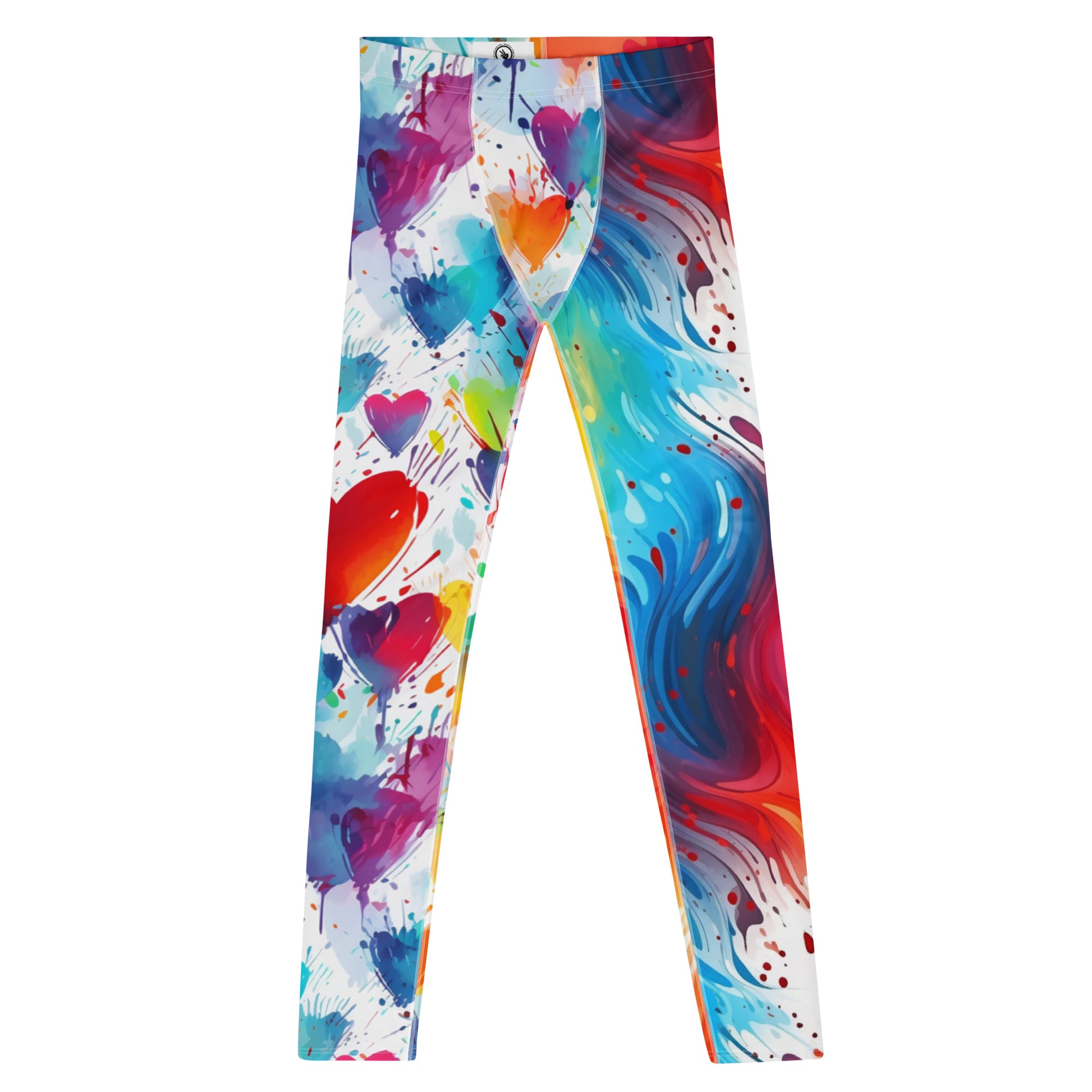 Men's all-over print leggings with white background, full-front view.