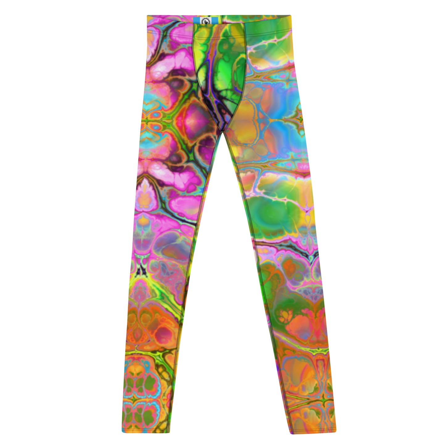 Men's all-over print leggings with white background, full-front view.