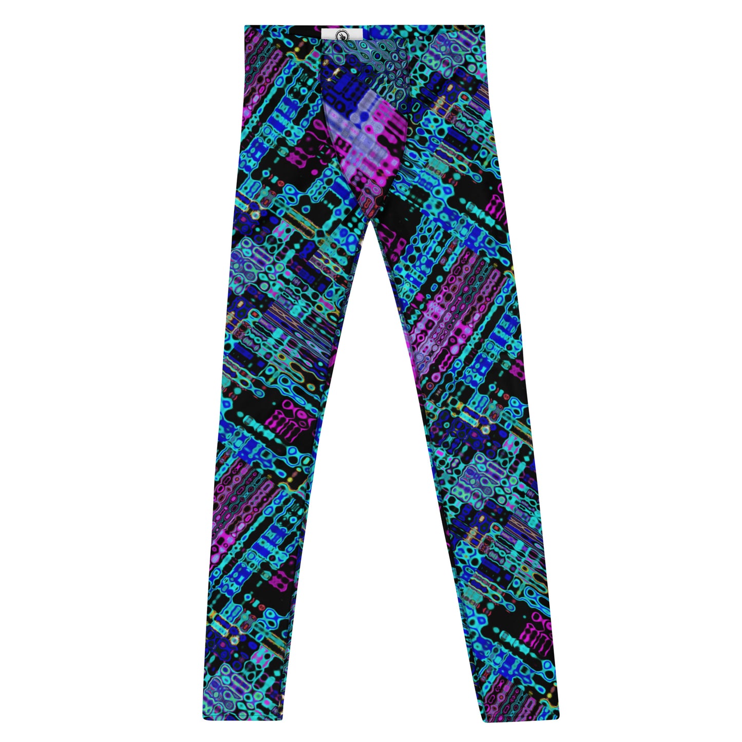 Men's all-over print leggings with white background, full-front view.