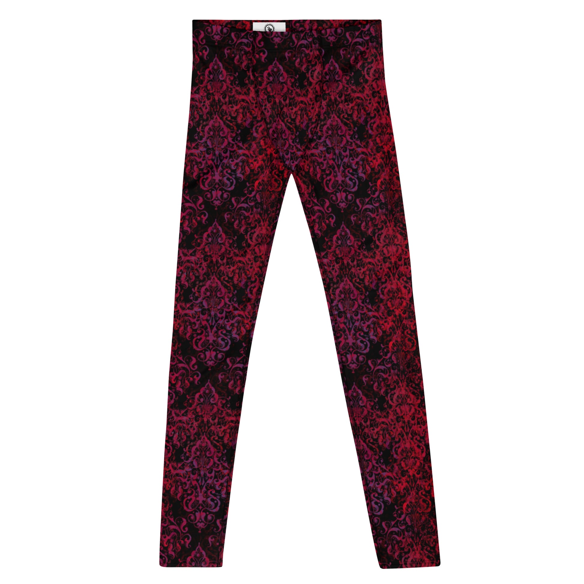 Men's all-over print leggings with white background, full-front view.