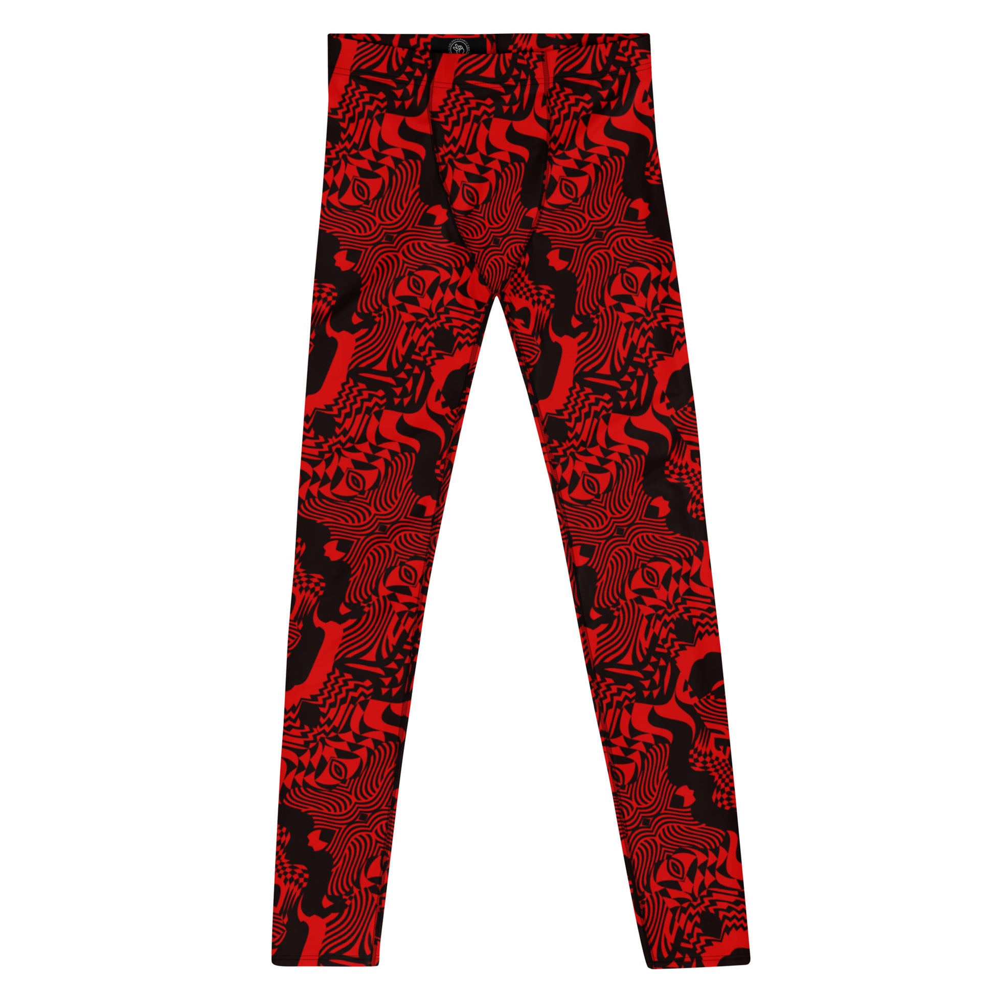 Men's all-over print leggings with white background, full-front view.