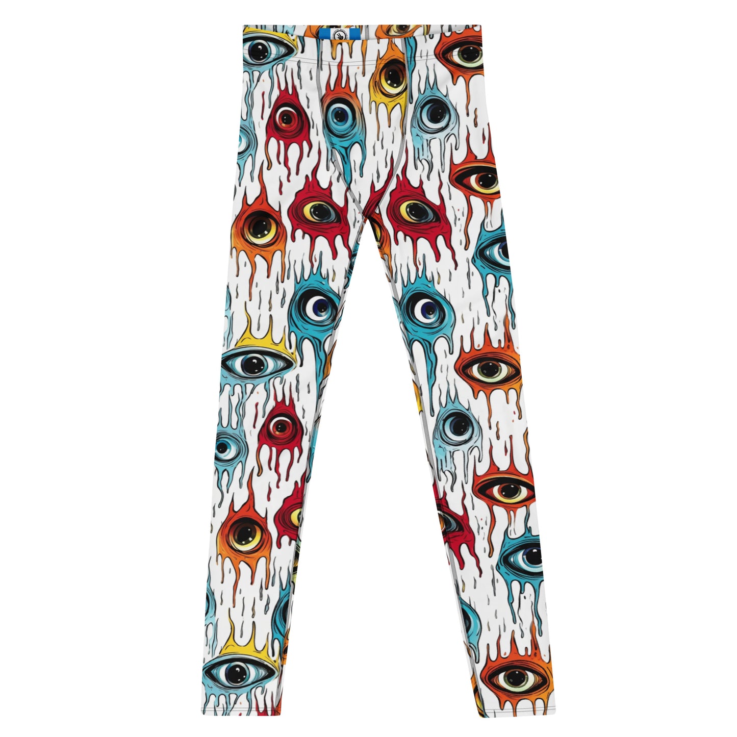 Men's all-over print leggings with white background, full-front view.