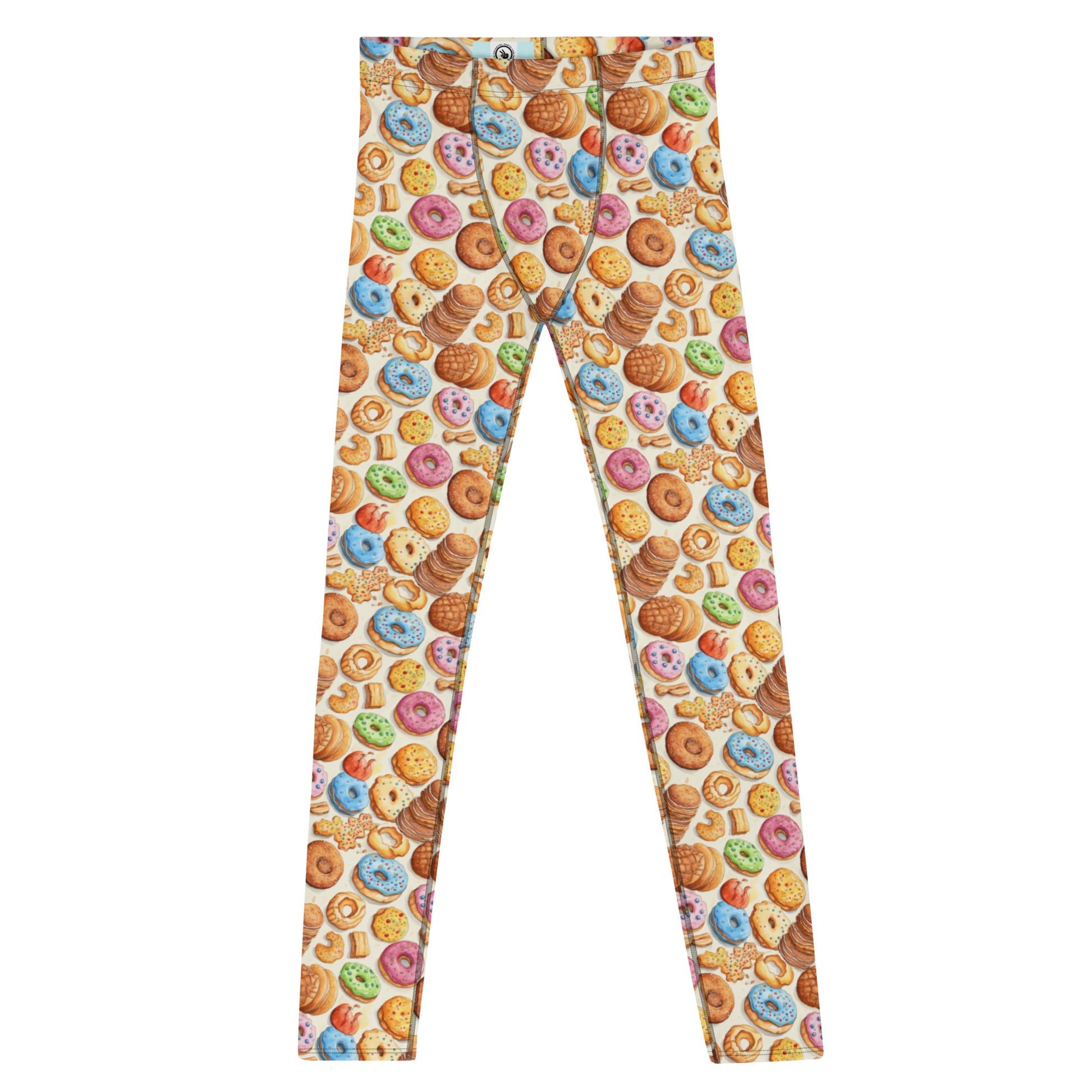 Men's all-over print leggings with white background, full-front view.