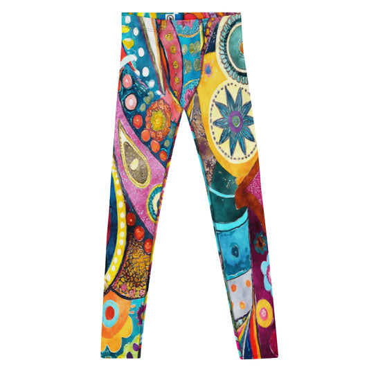 Men's all-over print leggings with white background, full-front view.