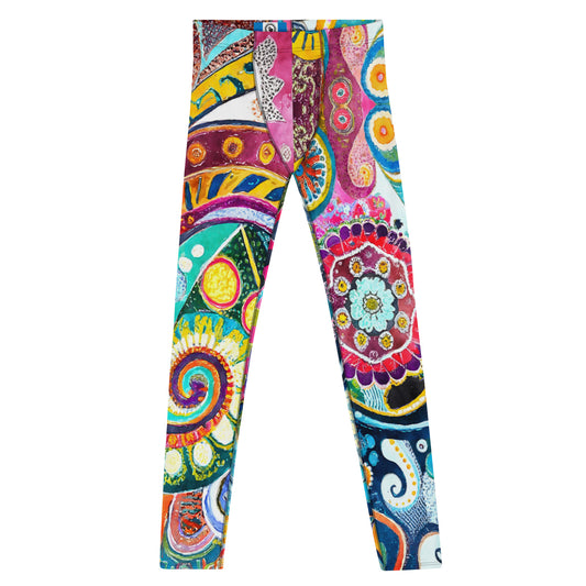 Men's all-over print leggings with white background, full-front view.