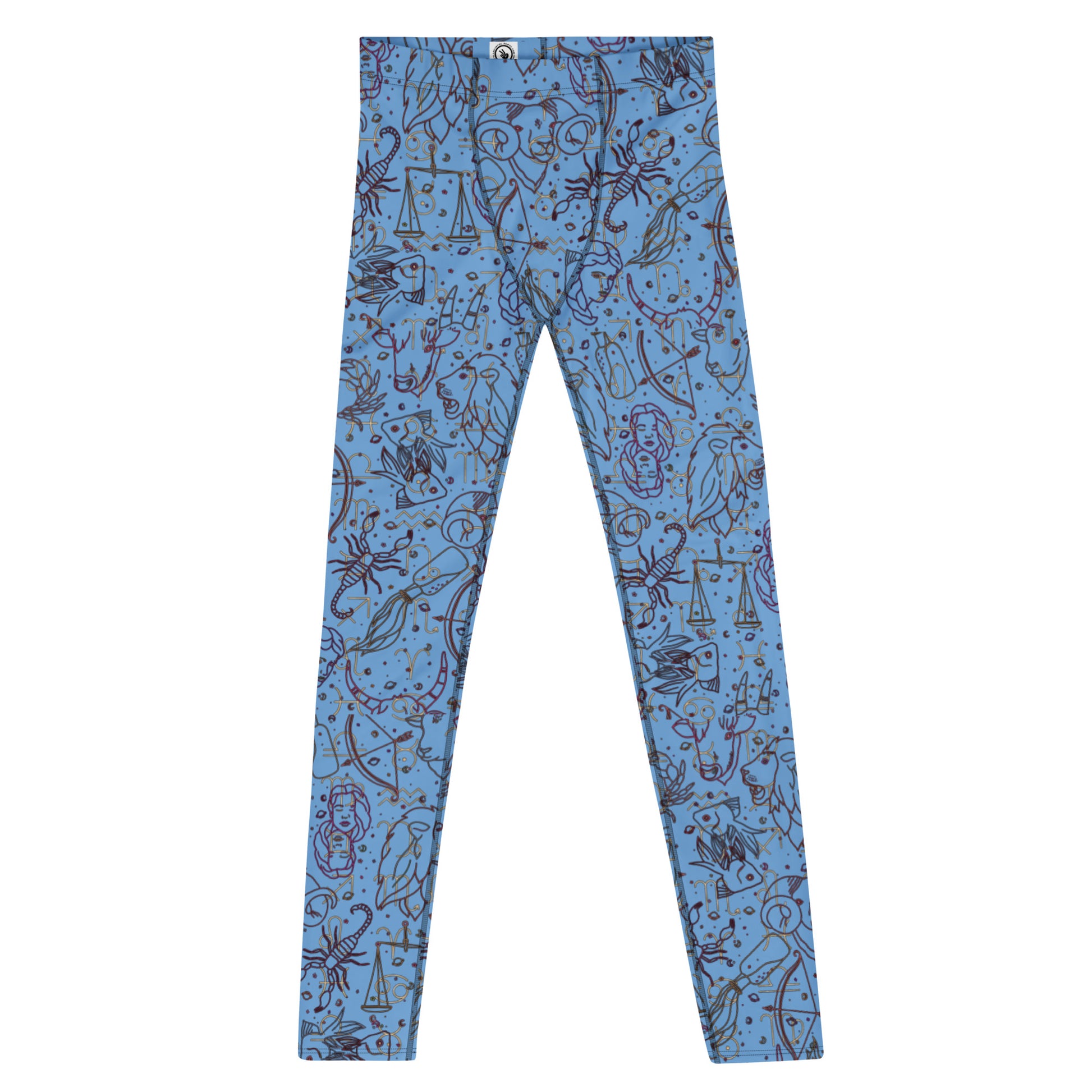 Men's all-over print leggings with white background, full-front view.