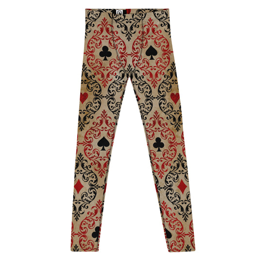 Men's all-over print leggings with white background, full-front view.