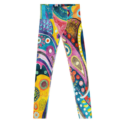 Men's all-over print leggings with white background, full-front view.