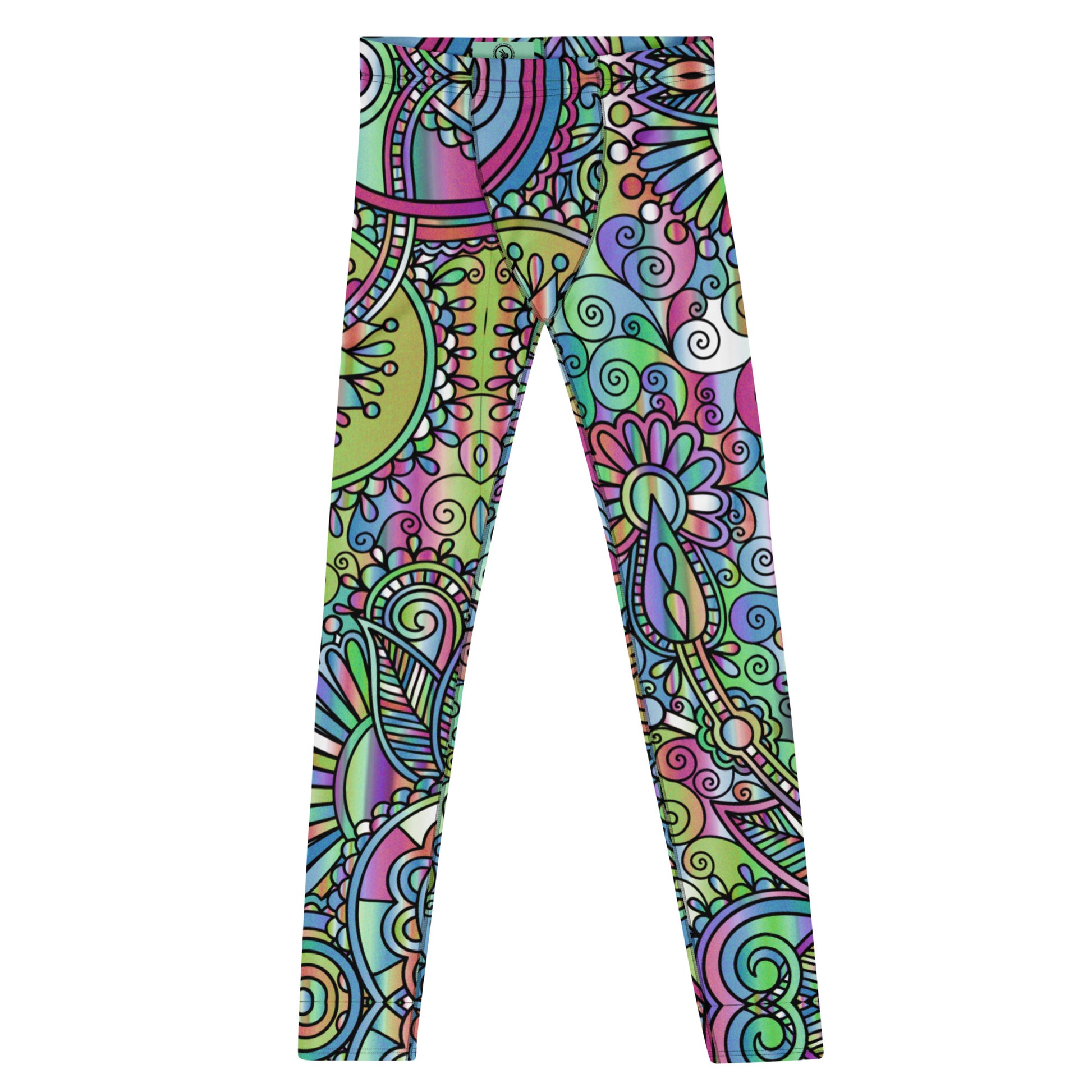 Men's all-over print leggings with white background, full-front view.