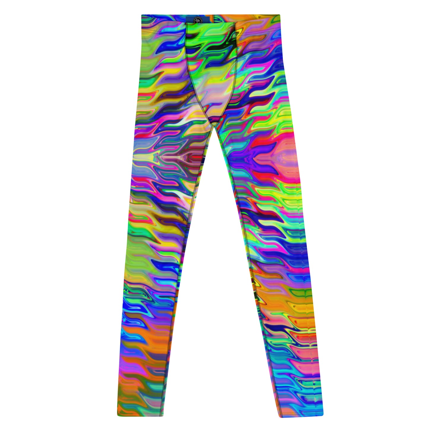 Men's all-over print leggings with white background, full-front view.