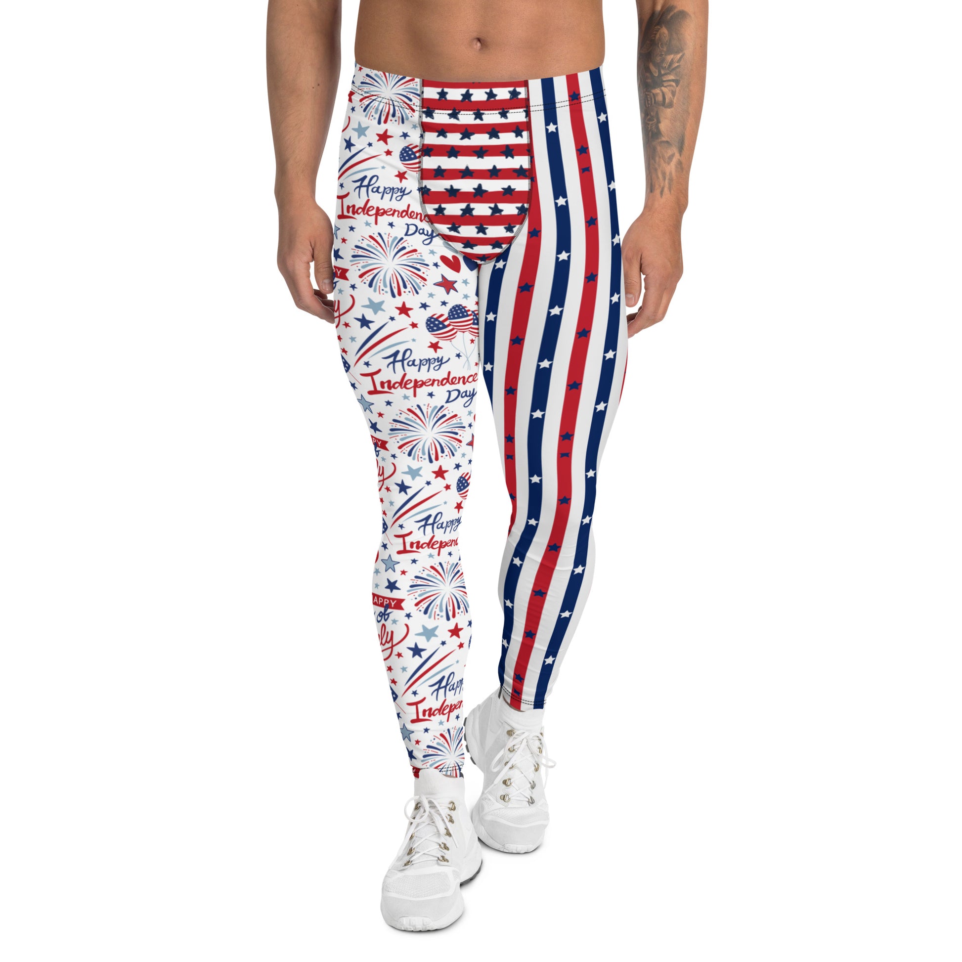 Men's all-over print leggings with white background, full-back view alternate angle.