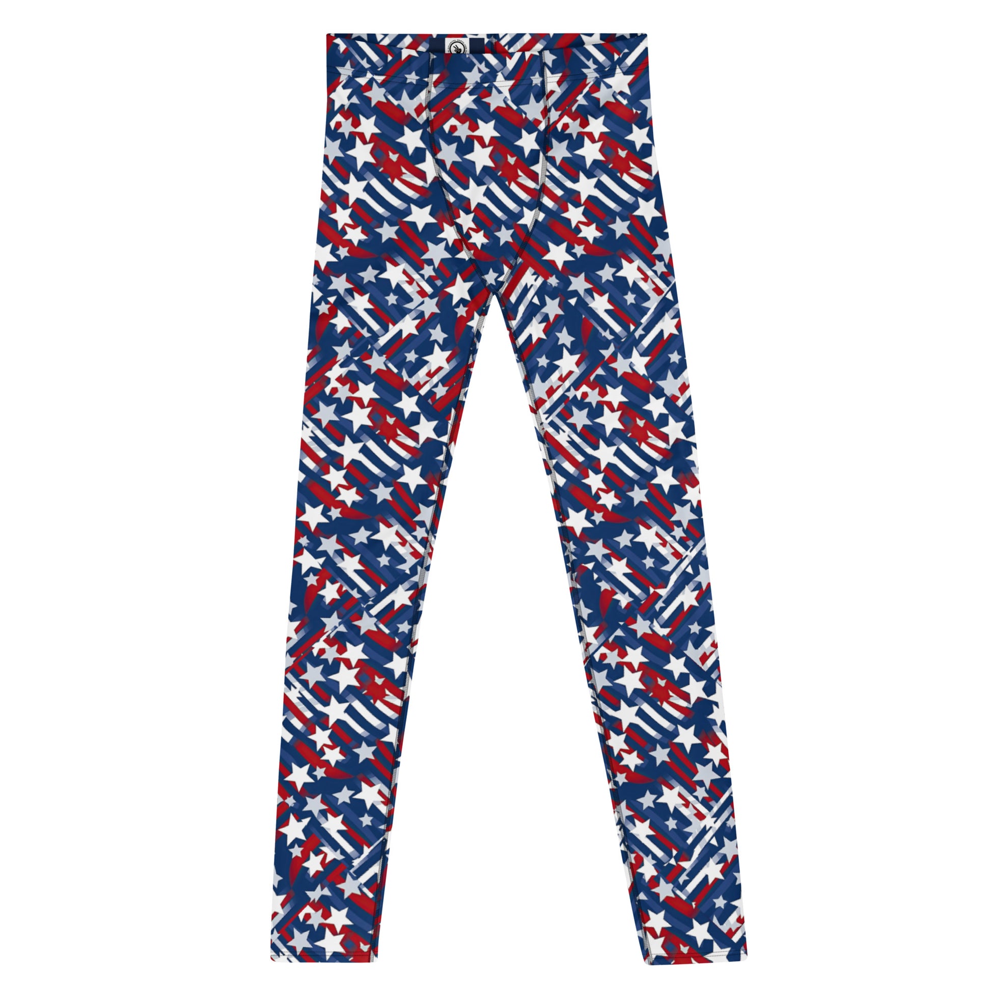 Men's all-over print leggings with white background, full-front view.