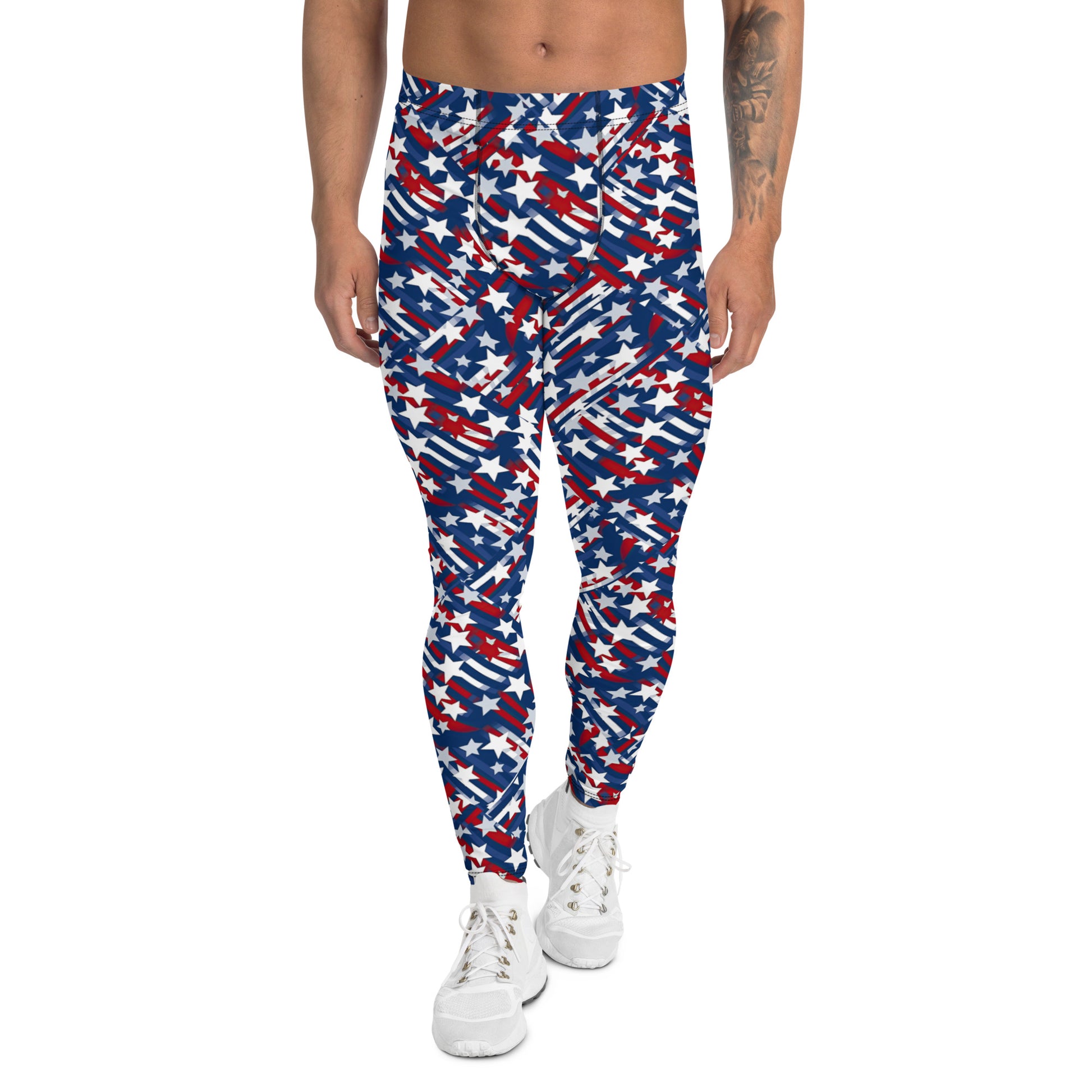 Men's all-over print leggings with white background, full-back view alternate angle.