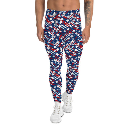 Men's all-over print leggings with white background, full-back view alternate angle.